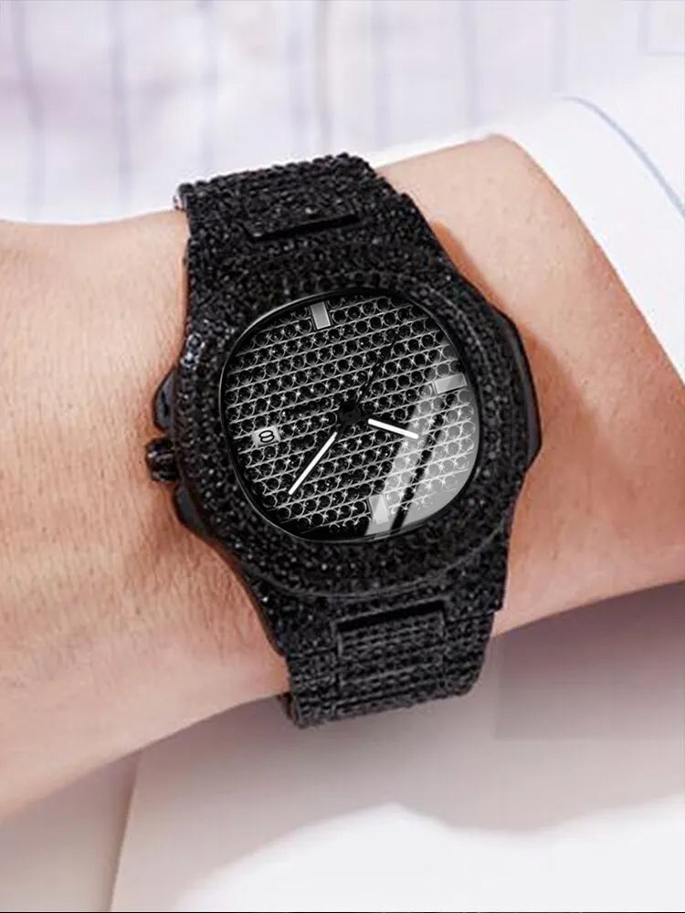 Men’s Black Stainless Steel Quartz Watch with Calendar & Rhinestones