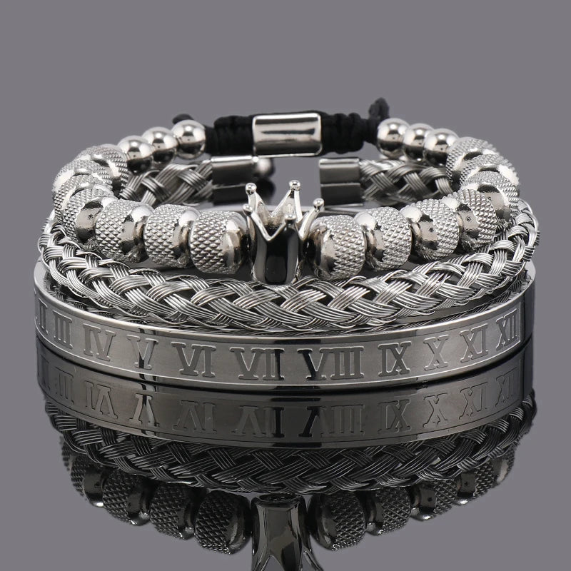 Luxury Crown Charm Bracelet Set for Men and Women, Roman Numeral Stainless Steel Bangles, Valentine's Day Gift