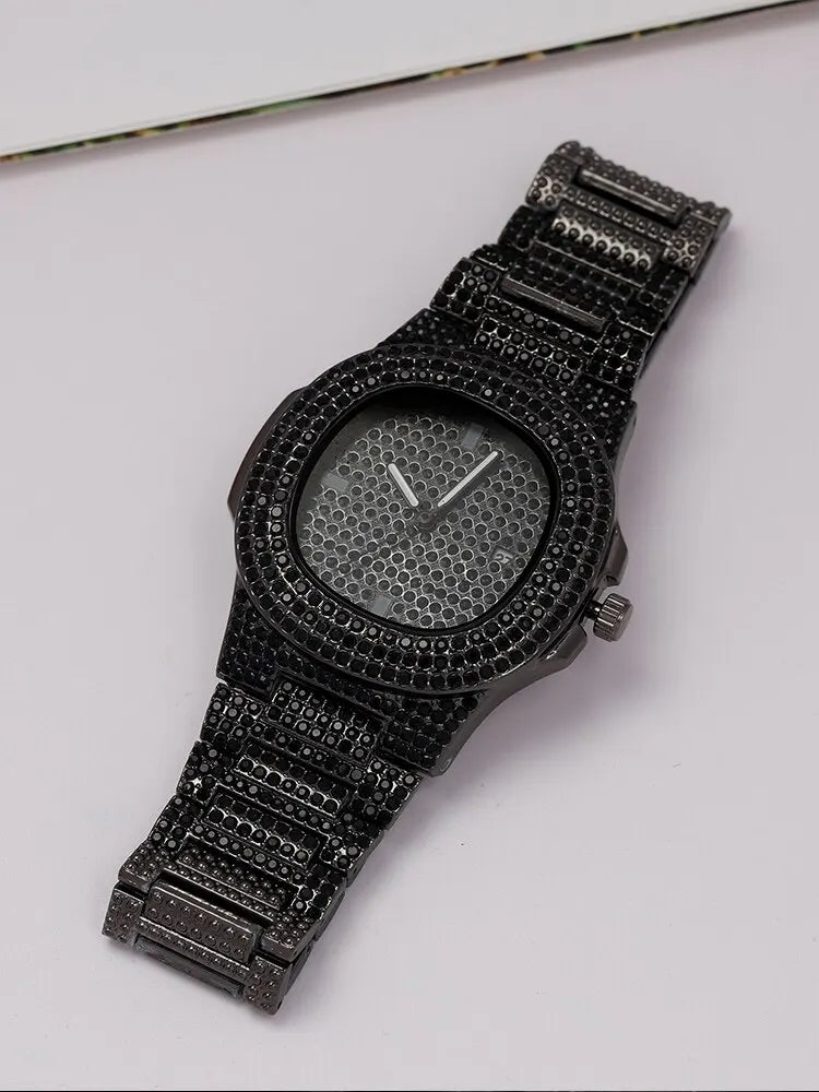 Men’s Black Stainless Steel Quartz Watch with Calendar & Rhinestones
