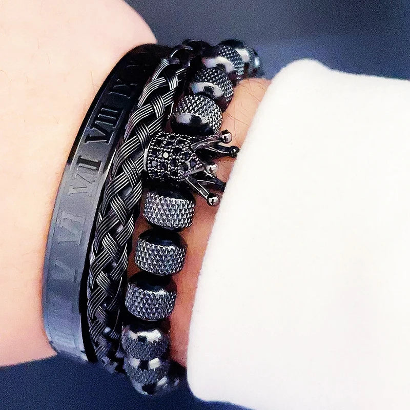 Luxury Crown Charm Bracelet Set for Men and Women, Roman Numeral Stainless Steel Bangles, Valentine's Day Gift